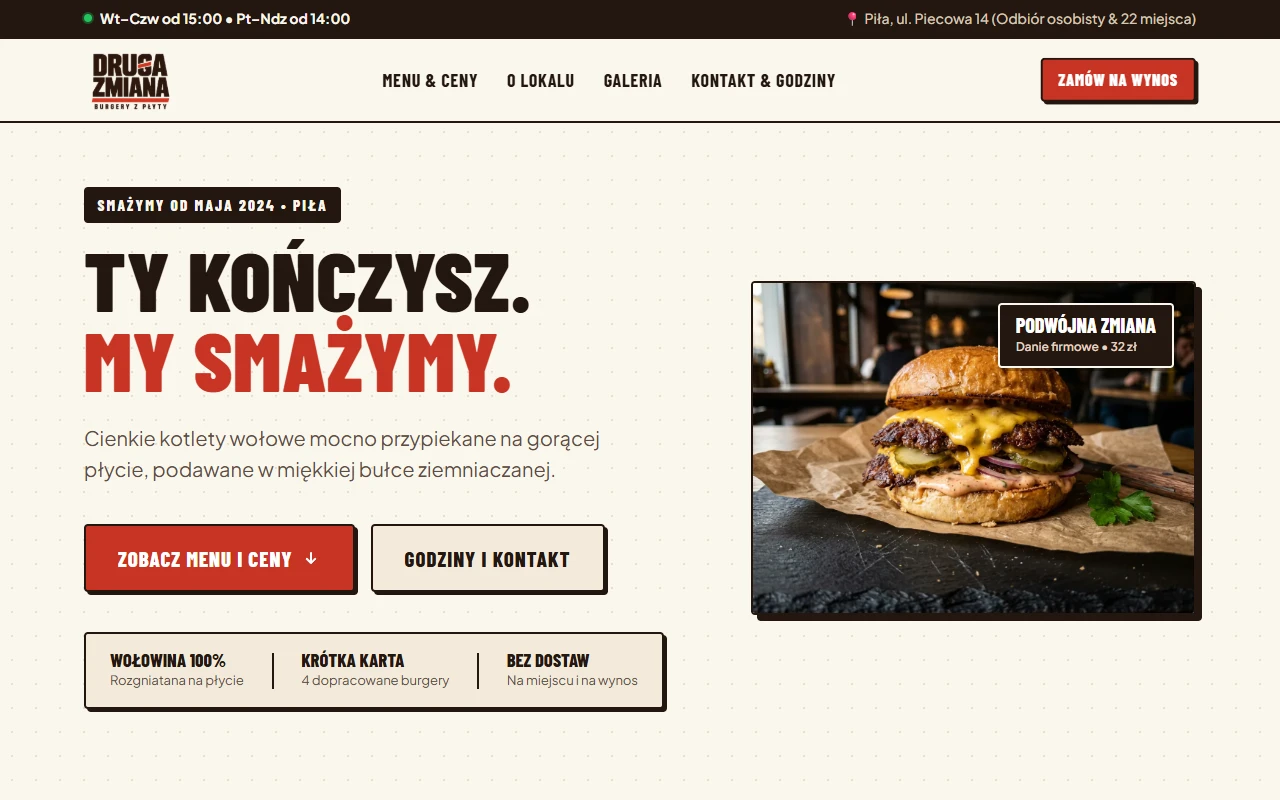 Strona burgerowni rzemieślniczej Druga Zmiana w Pile