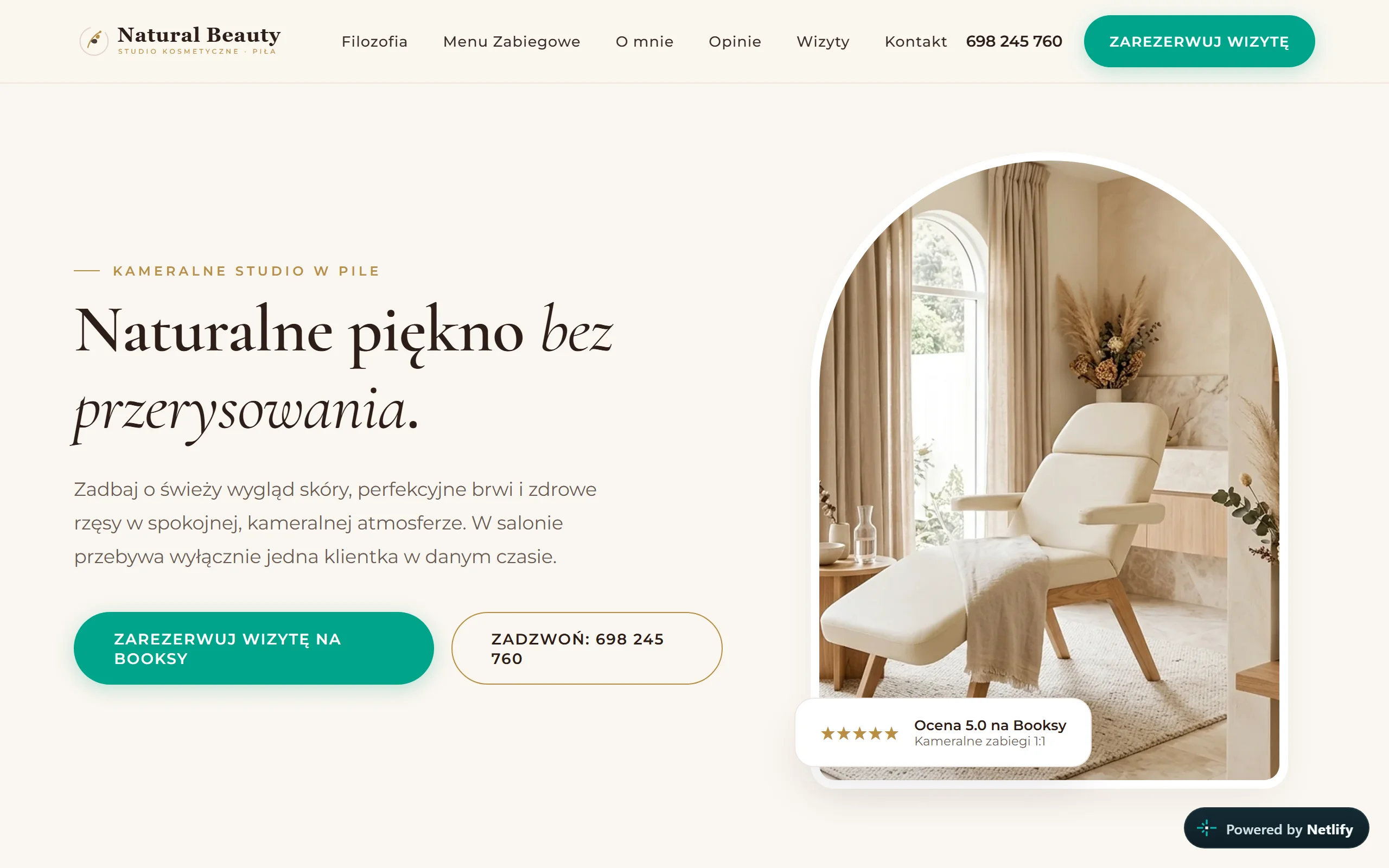 Strona salonu kosmetycznego Natural Beauty Studio w Pile